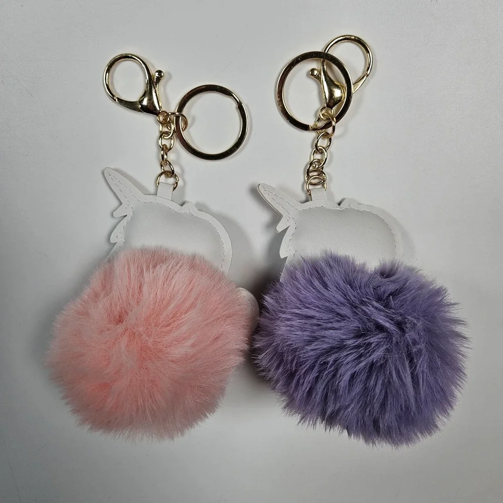 Unicorn Keychain Bag Charm Girls‎ Pink Purple Glitter Pom Pom 2 Pack Bundle NEW